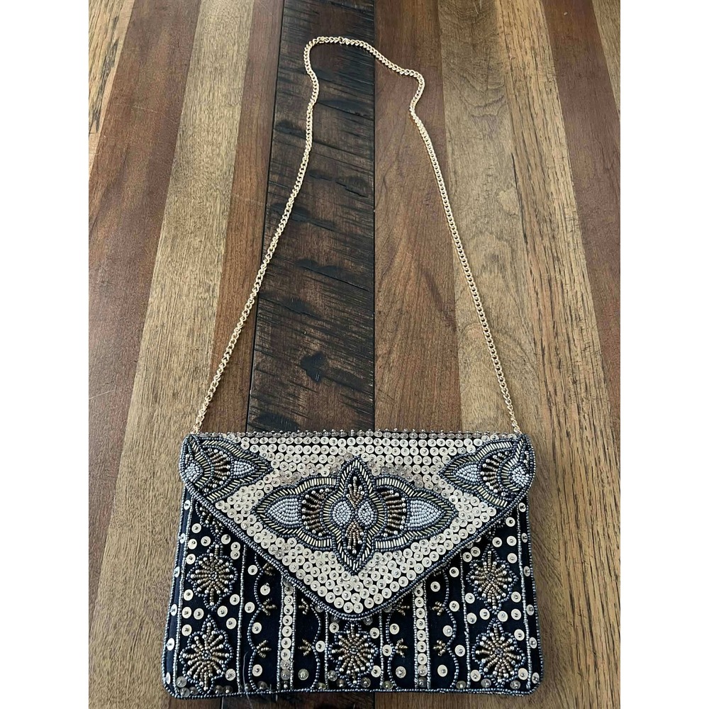 Vintage Style Beaded Envelope Clutch Black Gold Silver Sequin Crossbody Bag